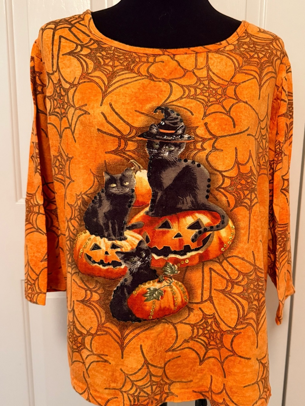 Orange Halloween Kids Long-Sleeve Top with Black Cats & Pumpkins